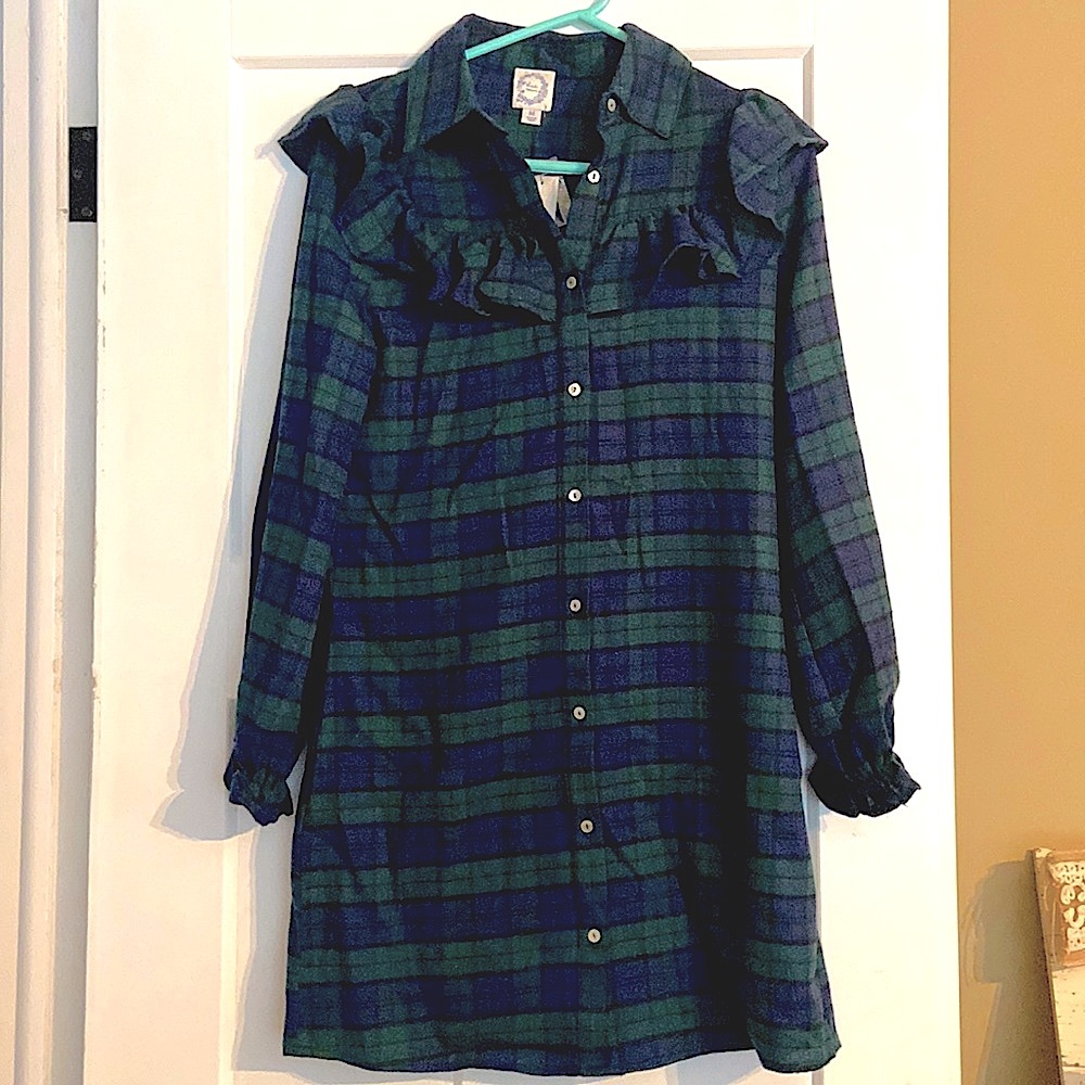 Blue Rain Plaid Long Sleeve Dress